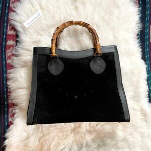 Gucci Diana Tote Hand Bag Bamboo Black Calf leather Suede Satchel